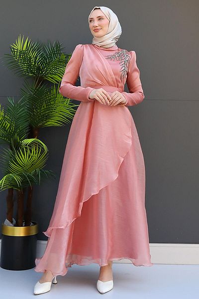 GİZ AGİYİM Βραδινό φόρεμα Organza με λεπτομέρεια από απαλή ροζ πέτρα