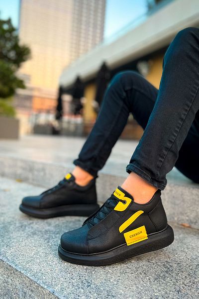 BZ Moda Frogner B131 - Ορθοπεδικές ανδρικές αθλητικές μπότες, καθημερινό δέρμα με κορδόνια, μαύρο/κίτρινο
