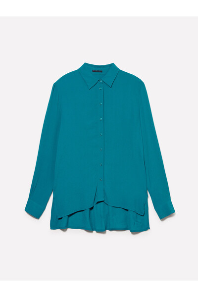 Sisley Emerald Green Women's Shirt - 100% Viscous, Short Side Slit, Long Sleeve
