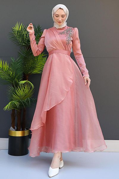 GİZ AGİYİM Βραδινό φόρεμα Organza με λεπτομέρεια από απαλή ροζ πέτρα
