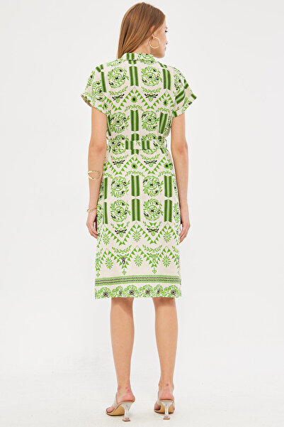 armonika Pistáciově zelené lněné vzorované dámské košilové šaty – s páskem, krátký rukáv ARM-24Y 001108