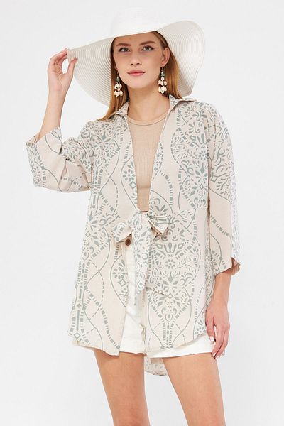 armonika Turquoise Patterned Linen Kimono Shirt - Front Tie, ARM-24Y 001079