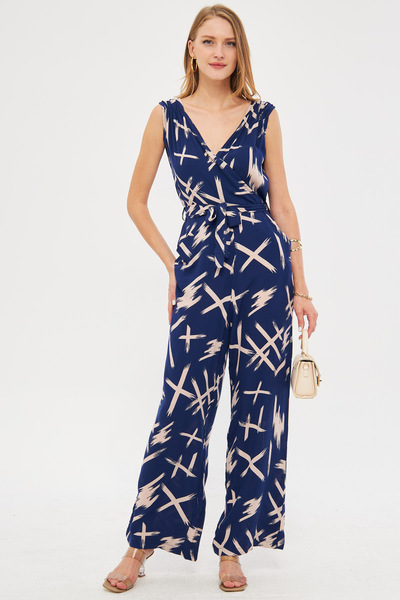 armonika Salopetă lungă cu brâu în V, decolteu dublu și umeri, bej, pentru fe...