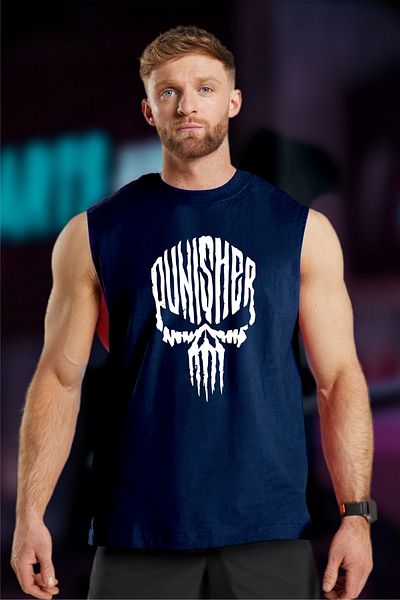 BESSA Navy Blue Oversize Punisher Printed Men's T-Shirt/Singlet - Crew Neck, Sleeveless