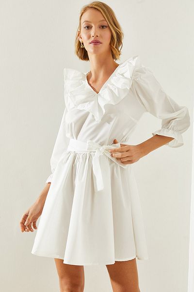 Bianco Lucci Minikleid mit V-Ausschnitt für Damen – Ärmel- und Kragendetail 21228 60251664