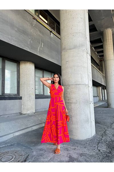 HARMONY GLOBAL Rochie de vară lungime maxi din viscoză - portocaliu-fucsia, guler dublu, imprimeu și talie elastică 0060
