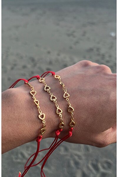 Black Beads Accessory Kırmızı İp Çelik Bileklik