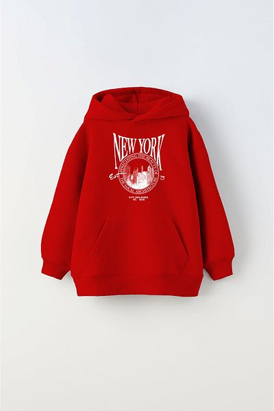 The Champ Clothing Червен унисекс детски суичър с качулка с полар от вътрешната страна на New York с надпис