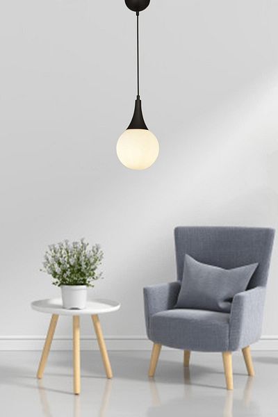 EYS Aydınlatma Black Round Globe White Glass Modern Chandelier Model - River Single