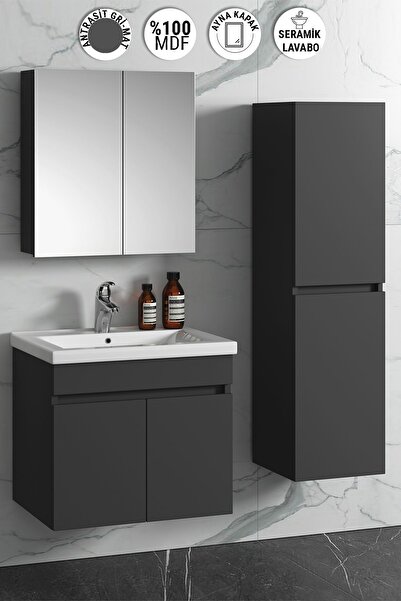 ÖZCEDEN Çiğdem 55+35 cm Antrasit Gri Mat MDF Seramik Lavabolu Sepetli Asma Banyo Dolabı Takımı
