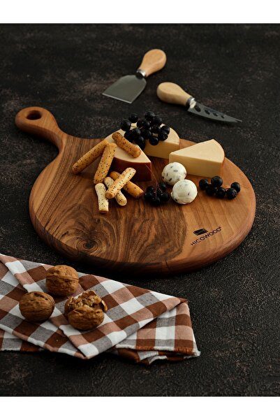 HİCOWOOD Natural Walnut Handmade Round Cutting Board-30 cm Diameter-Laser Eng...