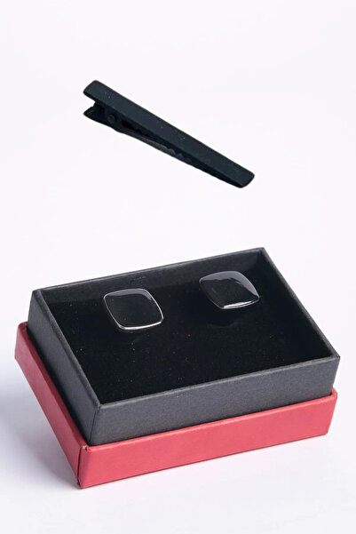 BAYEFENDİ Kravat Iğnesi Hediyeli Parlak Siyah Taşlı Kare Formlu Kol Düğmesi