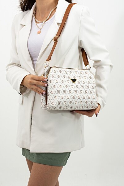 mugalas Біла трисекційна сумка через плече Taba з візерунком у вигляді гранул з литим ремінцем