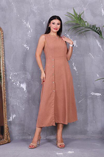 ZEYWEAR Düğme Detaylı Keten Kalem Elbise