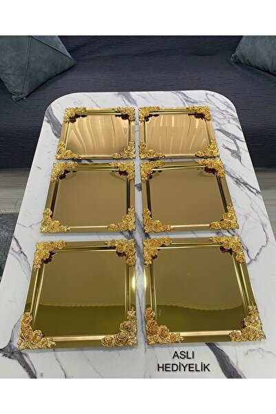 Aslı Hediyelik 6'Lı Lüx  4 köşesi Çiçekli kare Gold Kaplama Model çay,kahve,ikram servis Sunum Tepsisi 21x21