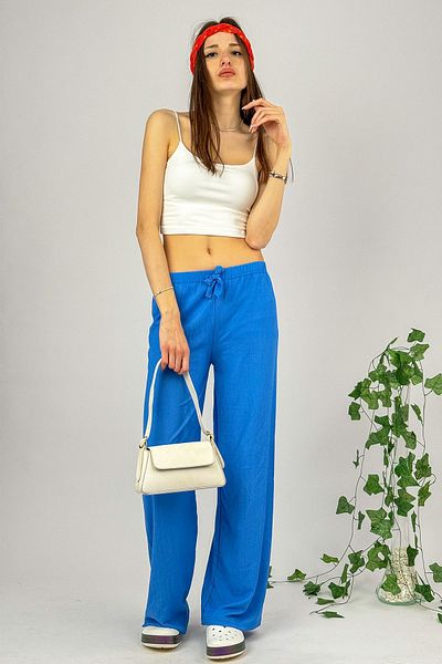 Betimoda Pantaloni Palazzo Lungi Albastri - Femei, Talie elastica, Tesatura Wrap, Picior Lat
