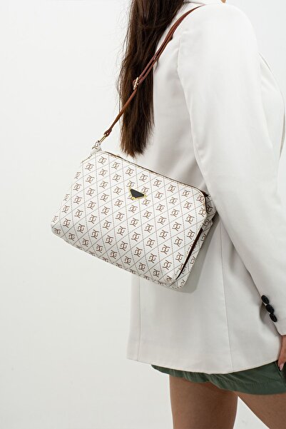 mugalas Біла трисекційна сумка через плече Taba з візерунком у вигляді гранул з литим ремінцем