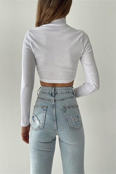 BE CHİC WHITE RUBED HALF TURTLETON NECK CROP CAMOSET BLOUSE