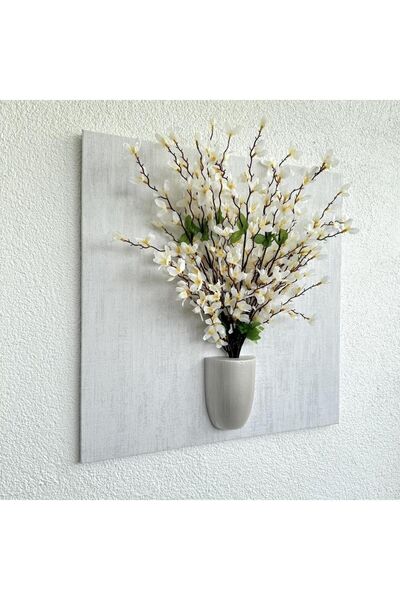 Genel Markalar Kabartma Dokulu, Beyaz Sakura Çiçekli 3D Tablo 49x49cm