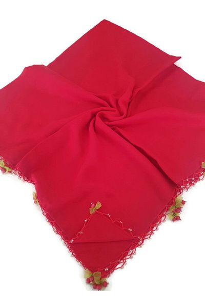 BENLİ Handmade Cherry Lace Plain Color Scarf Writing Dowry Gift 100x100cm