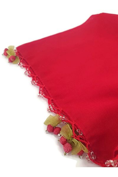 BENLİ Handmade Cherry Lace Plain Color Scarf Writing Dowry Gift 100x100cm