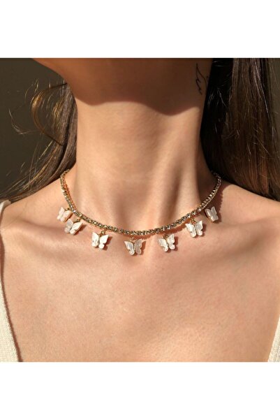 soiestore Kadın Suyolu Zincir Akrilik Beyaz Kelebek Choker Altın Kaplama Kolye