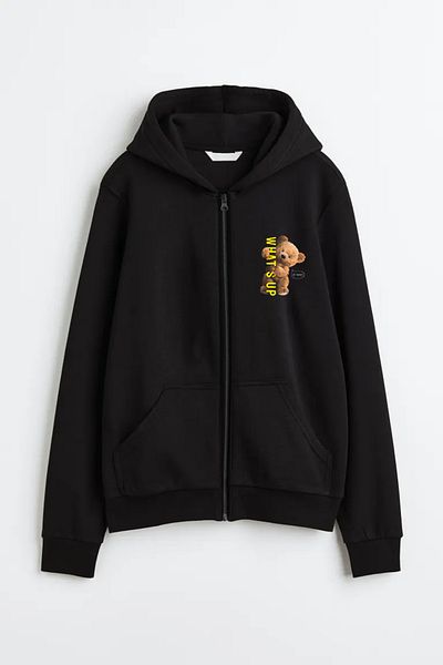 OFFSIDESIGN Μαύρη ζακέτα Unisex με στάμπα με αρκουδάκι - μπουφάν με φερμουάρ και κουκούλα με σχέδιο What's Up