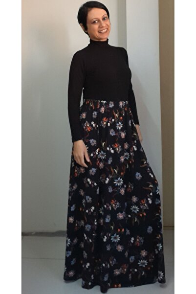 Mertcan Butik Fustă din viscoză din bumbac pieptanat 6 piese cu imprimeu floral negru