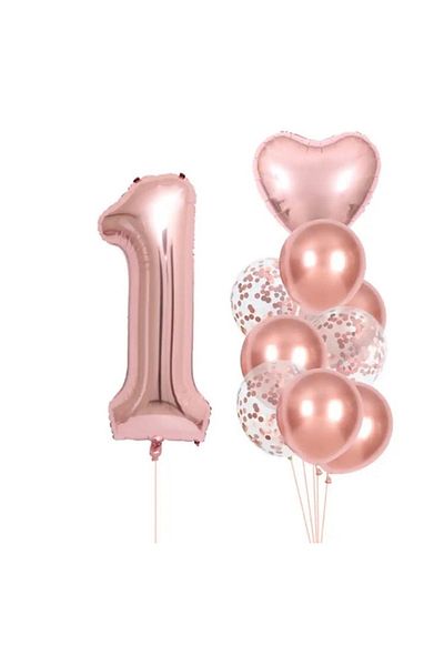 Deniz Party Store Rose Gold Heart 1 Year Old 34 Inch 76-80 Cm Transparent Balloon Set with Foil Confetti