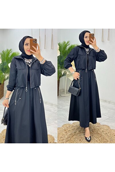 FIRSTESLEM Birinci Sınıf Krep Kumaştan Etek ve Fermuarlı Ceket İkili Kadın Takım