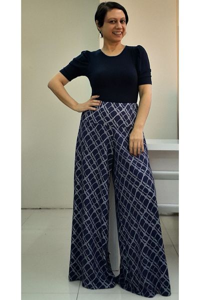 Mertcan Butik Navy blue chain patterned elastic waist wide leg knitted pants skirt