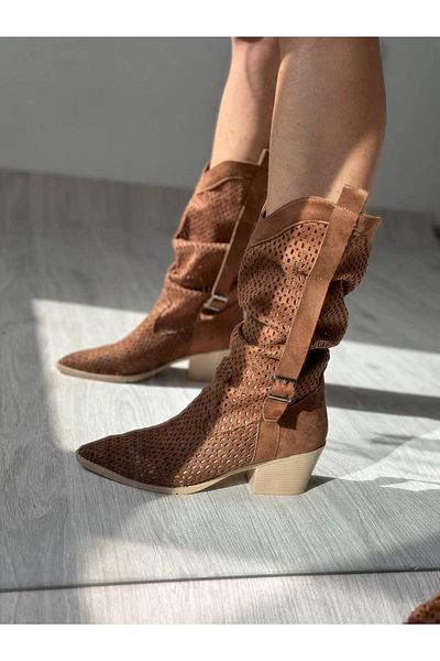 SHOEBOURNE Καλοκαιρινές μπότες Tan Suede διάτρητες Western Style