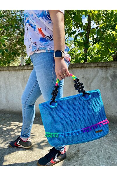 Nevdusha Design El Örgüsü Boncuk Saplı Ponpon Detaylı Plaj Çantası