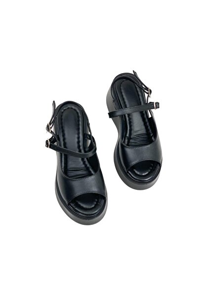 bescobel Black Women's Sandals - 8 CM Embroidery Wedge Sole