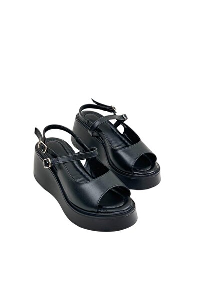 bescobel Black Women's Sandals - 8 CM Embroidery Wedge Sole