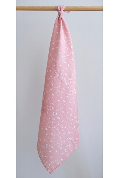runbaby Pink Star Patterned Baby Muslin Set - 100% Cotton, 75x75cm, Pacifier Strap and Cover Scarf