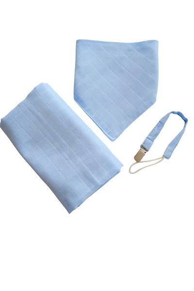 runbaby Light Blue Muslin Baby Set - 100% Cotton, 75x75cm Cover Scarf, Pacifier Strap