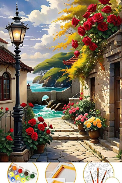 Puzzle Sayılarla Boyama Tuval Seti Fırça Boya Dahil (çıtalı) 35x50 cm  - Kırm...