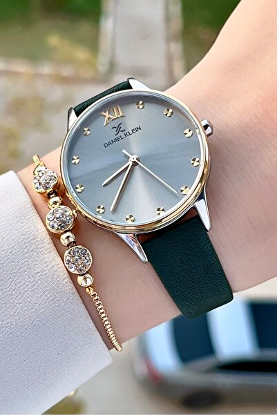 Daniel Klein Kasası Gold Gümüş Kordonu Yeşil Renk Hediye Paketli Kadın Kol Sa...