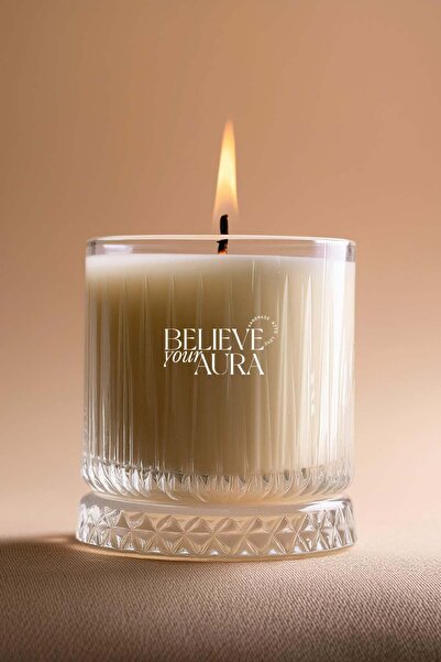 Believe Your Aura Sandal Ağacı Kokulu Mum - %100 Doğal Soya Mumu Kristal Bard...