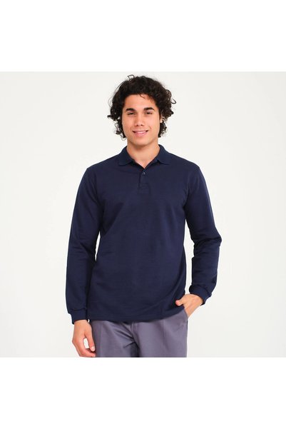 MODAEKİPMAN Navy Blue Polo Collar Long Sleeve T-Shirt