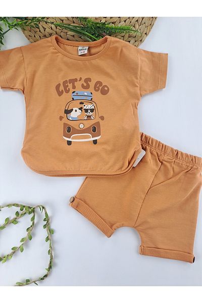 Butik Summer Double Suit for Baby Boy and Child - Button Detailed Printed Shorts and T-shirt