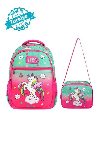 Waddell Rucsac pentru școală primară pentru fete cu model de unicorn verde-fucsia cu licență