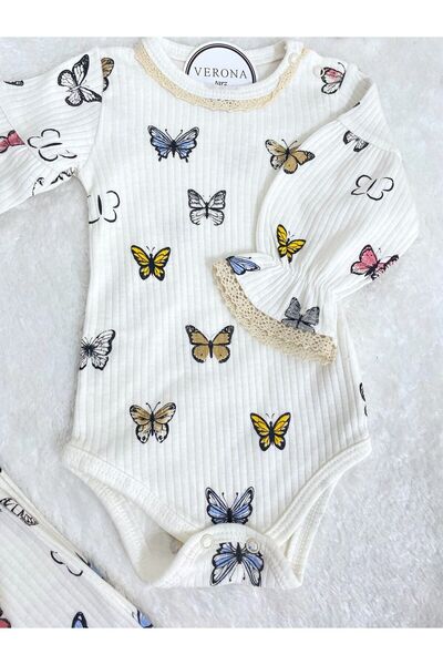 VERONA TARZ Butterfly Patterned Lace Baby Girl 3-Piece Set - Balloon Sleeves and Headband