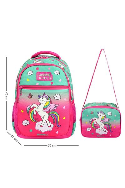 Waddell Rucsac pentru școală primară pentru fete cu model de unicorn verde-fucsia cu licență