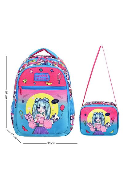 Waddell Rucsac și cutie de prânz pentru fete cu model roz-turcoaz - cu licență