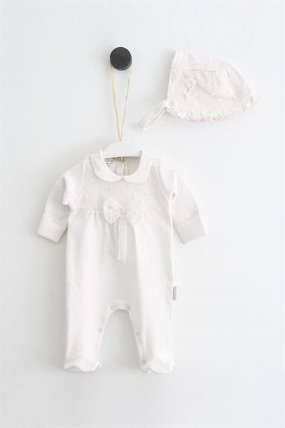 Pugi Baby 3564 Model Baby Girl Cream Bow Jumpsuit and Hat Set