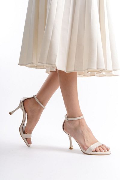 ÜNAL ÖZER Beige Patent Leather Platform Sandals - High Heel, Single Strap and Ankle Strap