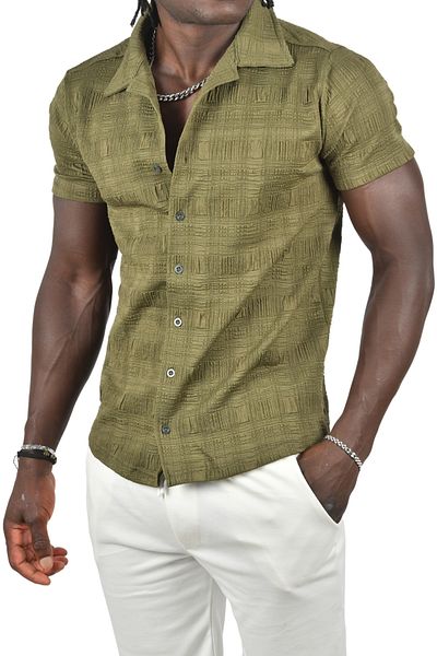DeepSEA Ανδρικό πουκάμισο με ανάγλυφο σχέδιο Khaki Slim Fit - Lycra, κοντομάνικο 2403222