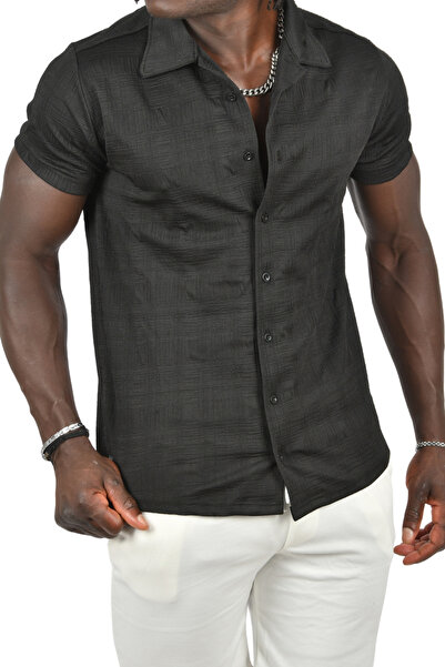 DeepSEA Чорна чоловіча сорочка Slim Fit з еластаном - рельєфний візерунок, короткі рукави 2403222